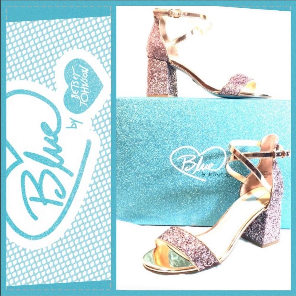 Blue by Betsey Johnson LIBRE BLUSH GUILT Glitter Strappy Block Heels SIZE 8